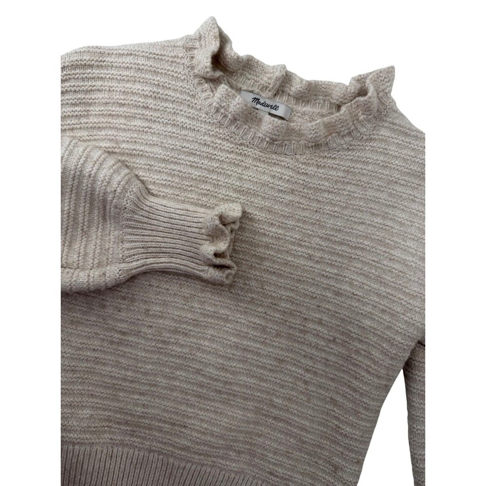 Madewell Ruffle Neck Pullover Sweater Oatmeal Beige Cotton Merino Wool Small